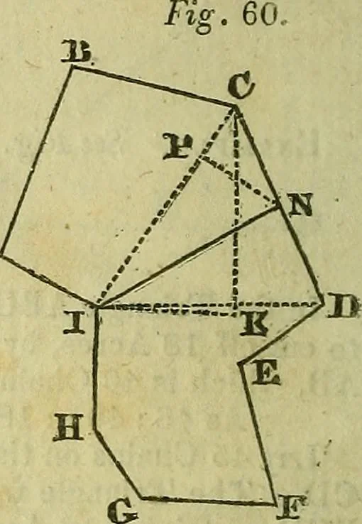 An illustration from A system of geometry and trigonometry, together with a treatise on surveying ... Likewise, rectangular surveying ... To the whole are added, several mathematical tables, necessary for solving questions in trigonometry and surveying .., 1825, leaf 79
