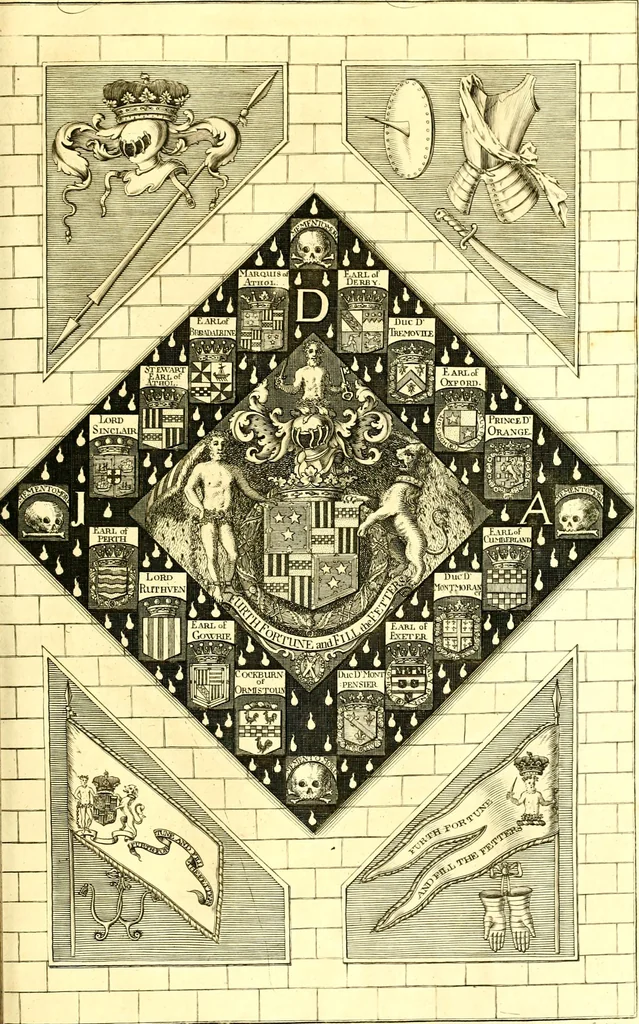 An illustration from A system of heraldry : speculative and practical : with the true art of blazon, according to the most approved heralds in Europe : illustrated with suitable examples of armorial figures, and achievements of the most considerable surnames and families in Scotland, &c. : together with historical and genealogical memorials relative thereto, 1804, leaf 270