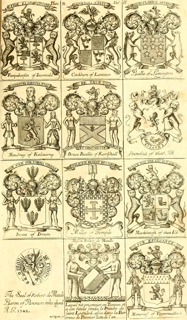 An illustration from A system of heraldry : speculative and practical : with the true art of blazon, according to the most approved heralds in Europe : illustrated with suitable examples of armorial figures, and achievements of the most considerable surnames and families in Scotland, &c. : together with historical and genealogical memorials relative thereto, 1804, leaf 690