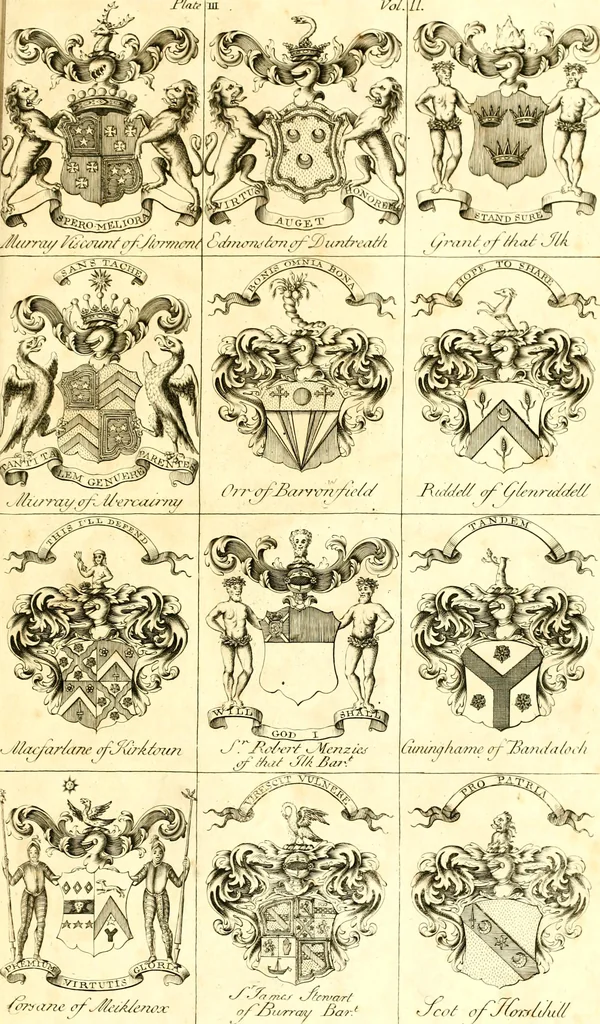 An illustration from A system of heraldry : speculative and practical : with the true art of blazon, according to the most approved heralds in Europe : illustrated with suitable examples of armorial figures, and achievements of the most considerable surnames and families in Scotland, &c. : together with historical and genealogical memorials relative thereto, 1804, leaf 692