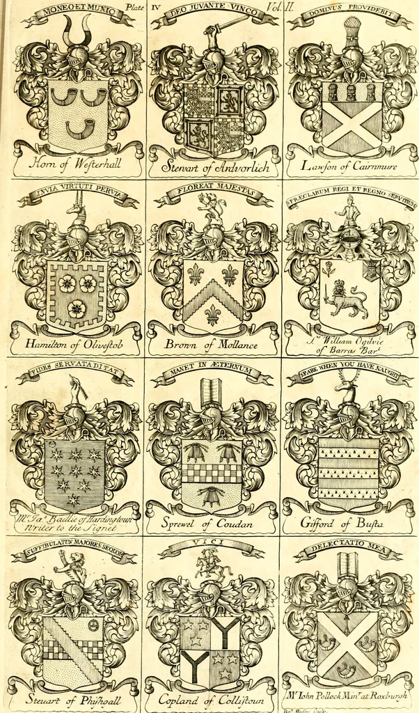 An illustration from A system of heraldry : speculative and practical : with the true art of blazon, according to the most approved heralds in Europe : illustrated with suitable examples of armorial figures, and achievements of the most considerable surnames and families in Scotland, &c. : together with historical and genealogical memorials relative thereto, 1804, leaf 694