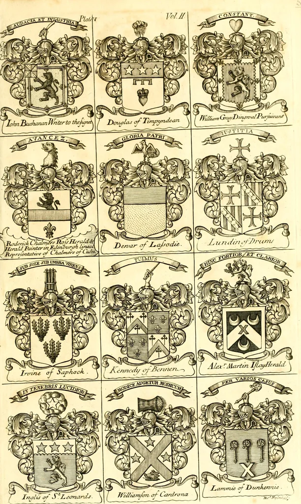 An illustration from A system of heraldry : speculative and practical : with the true art of blazon, according to the most approved heralds in Europe : illustrated with suitable examples of armorial figures, and achievements of the most considerable surnames and families in Scotland, &c. : together with historical and genealogical memorials relative thereto, 1804, leaf 696