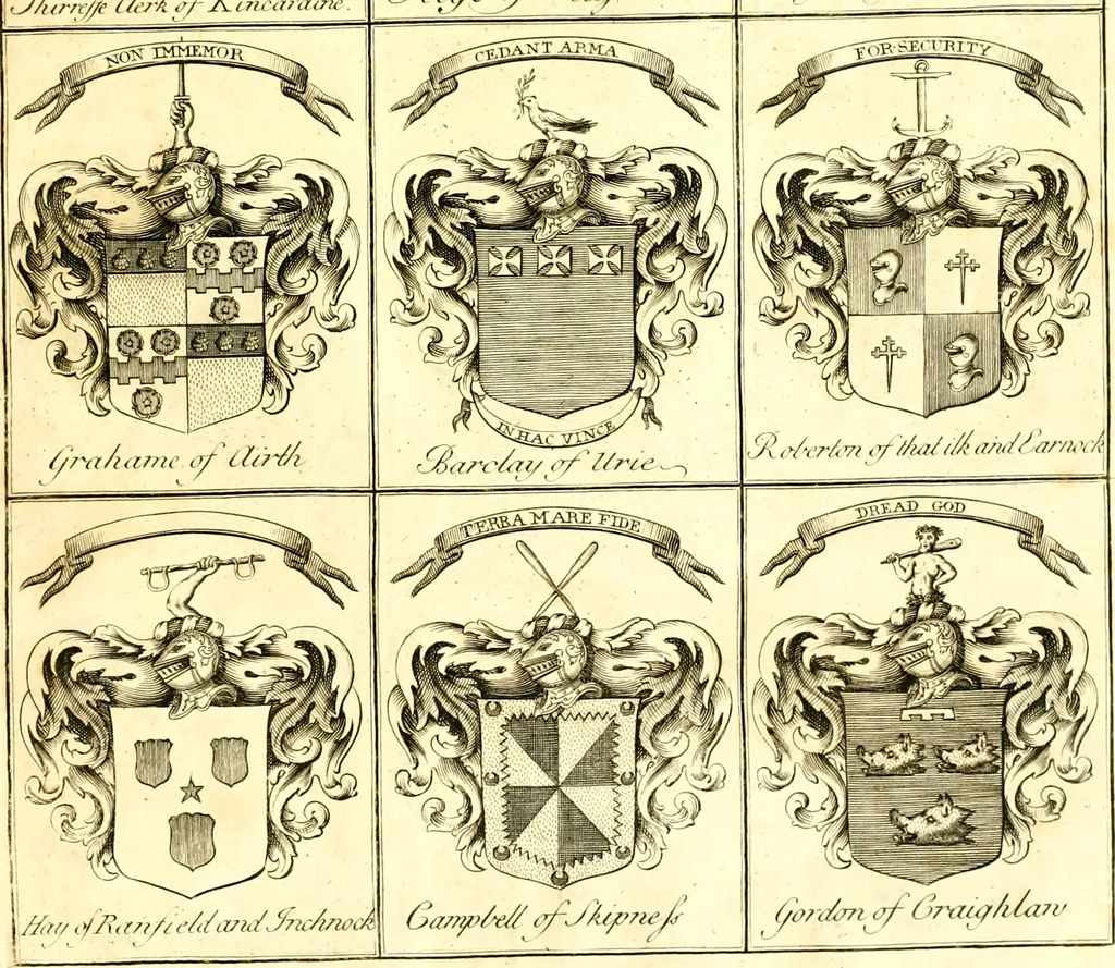 An illustration from A system of heraldry : speculative and practical : with the true art of blazon, according to the most approved heralds in Europe : illustrated with suitable examples of armorial figures, and achievements of the most considerable surnames and families in Scotland, &c. : together with historical and genealogical memorials relative thereto, 1804, leaf 698