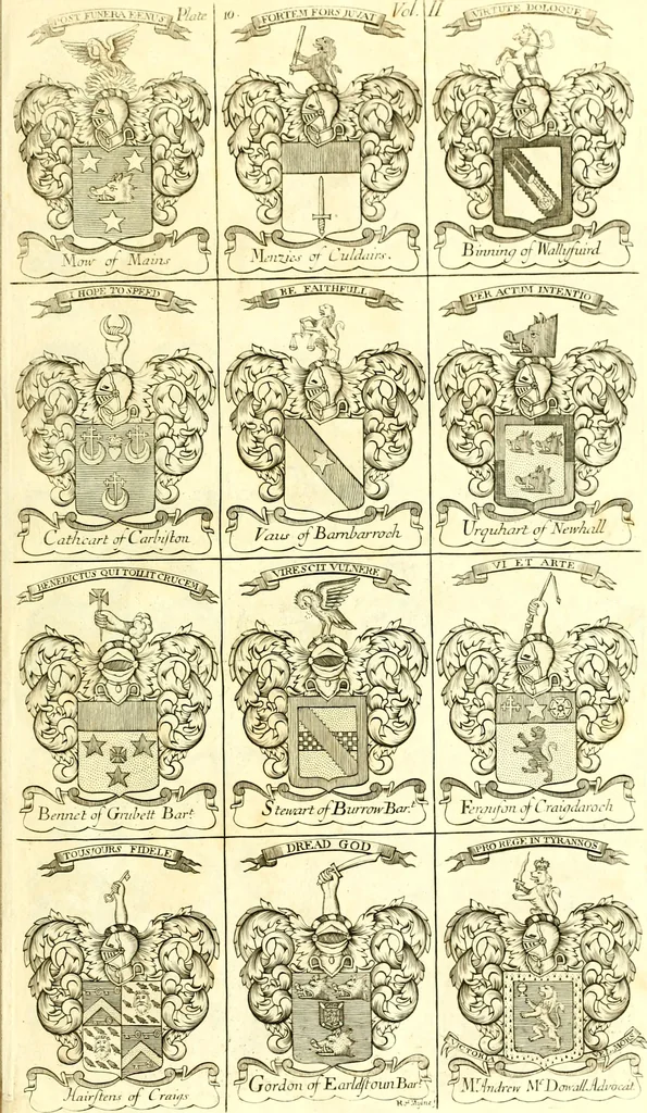 An illustration from A system of heraldry : speculative and practical : with the true art of blazon, according to the most approved heralds in Europe : illustrated with suitable examples of armorial figures, and achievements of the most considerable surnames and families in Scotland, &c. : together with historical and genealogical memorials relative thereto, 1804, leaf 706