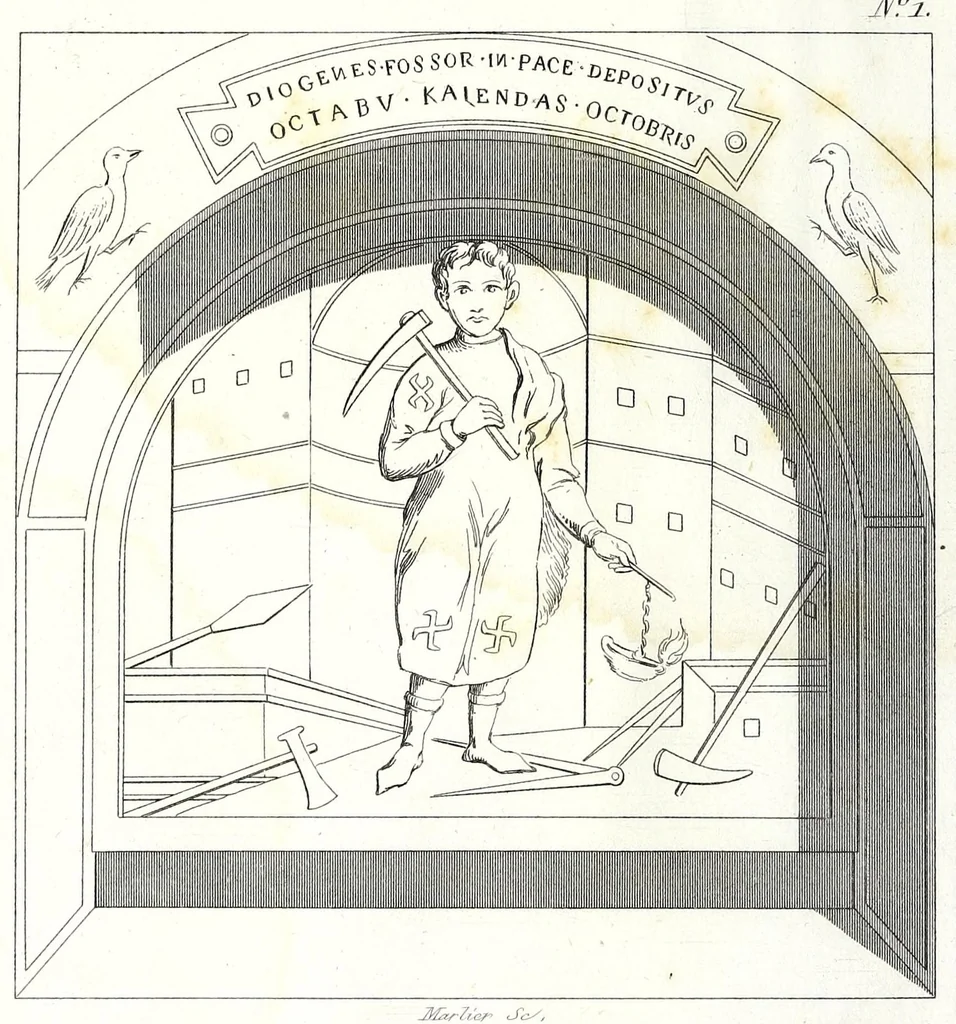 An illustration from Tableau des catacombes de Rome, ou l'on donne la description de ces cimetières sacrés, avec l'indication des principaux monuments d'antiquité chrétienne, en peinture et en sculpture, et celle des autres objets qu'on en a retirés, 1853, leaf 12