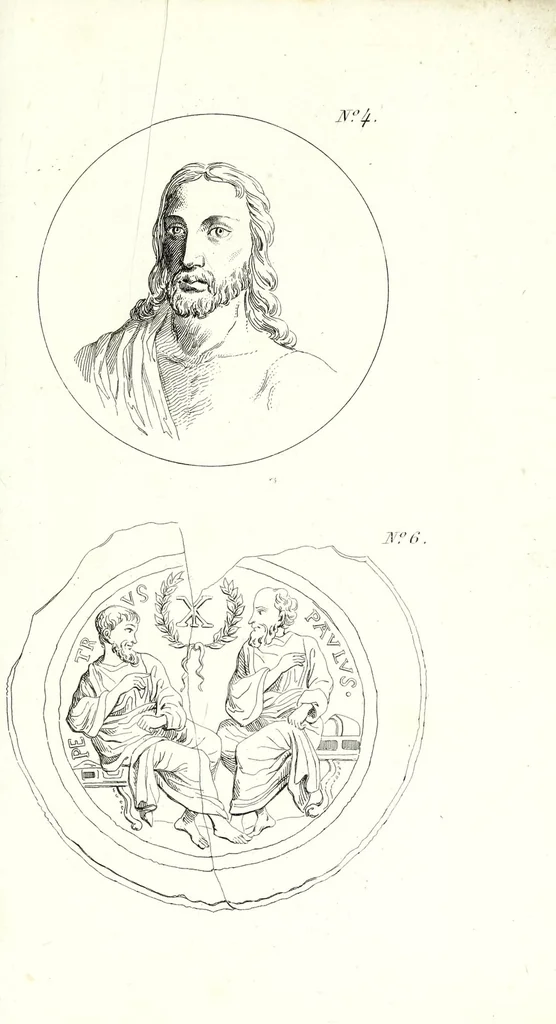 An illustration from Tableau des catacombes de Rome, ou l'on donne la description de ces cimetières sacrés, avec l'indication des principaux monuments d'antiquité chrétienne, en peinture et en sculpture, et celle des autres objets qu'on en a retirés, 1853, leaf 333