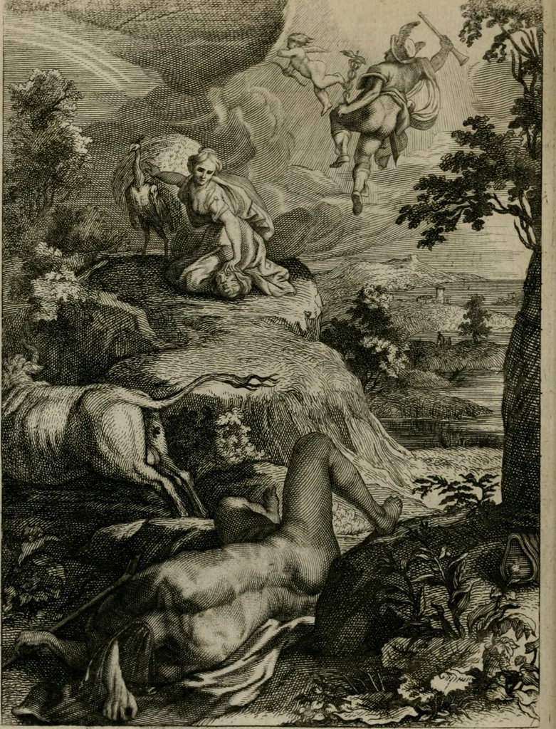 An illustration from Tableaux du temple des muses : tirez du cabinet de feu Mr. Favereau, conseiller du roy en sa Cour des Aydes, & gravez en tailles-douces par les meilleurs maistres de son temps, pour representer les vertus & les vices, sur les plus illustres fables de l'antiquité : avec les descriptions, remarques & annotations, 1676, leaf 117