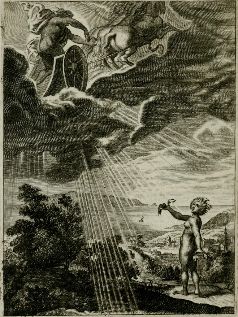 An illustration from Tableaux du temple des muses : tirez du cabinet de feu Mr. Favereau, conseiller du roy en sa Cour des Aydes, & gravez en tailles-douces par les meilleurs maistres de son temps, pour representer les vertus & les vices, sur les plus illustres fables de l'antiquité : avec les descriptions, remarques & annotations, 1676, leaf 157