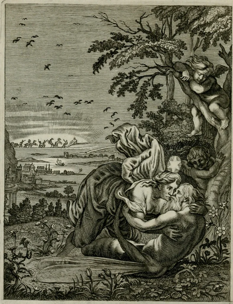 An illustration from Tableaux du temple des muses : tirez du cabinet de feu Mr. Favereau, conseiller du roy en sa Cour des Aydes, & gravez en tailles-douces par les meilleurs maistres de son temps, pour representer les vertus & les vices, sur les plus illustres fables de l'antiquité : avec les descriptions, remarques & annotations, 1676, leaf 177