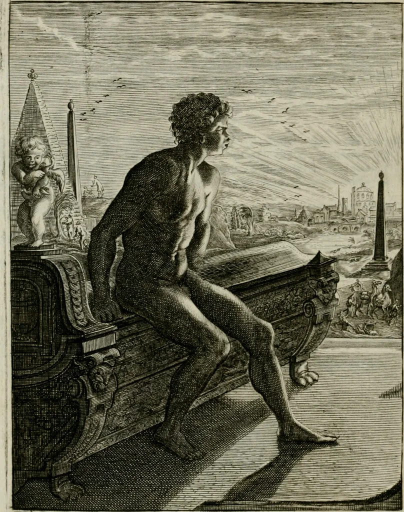 An illustration from Tableaux du temple des muses : tirez du cabinet de feu Mr. Favereau, conseiller du roy en sa Cour des Aydes, & gravez en tailles-douces par les meilleurs maistres de son temps, pour representer les vertus & les vices, sur les plus illustres fables de l'antiquité : avec les descriptions, remarques & annotations, 1676, leaf 187