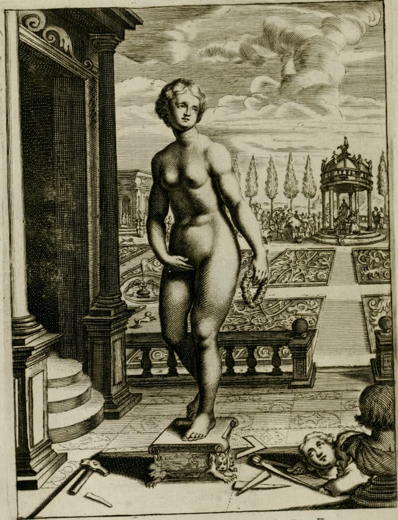 An illustration from Tableaux du temple des muses : tirez du cabinet de feu Mr. Favereau, conseiller du roy en sa Cour des Aydes, & gravez en tailles-douces par les meilleurs maistres de son temps, pour representer les vertus & les vices, sur les plus illustres fables de l'antiquité : avec les descriptions, remarques & annotations, 1676, leaf 197