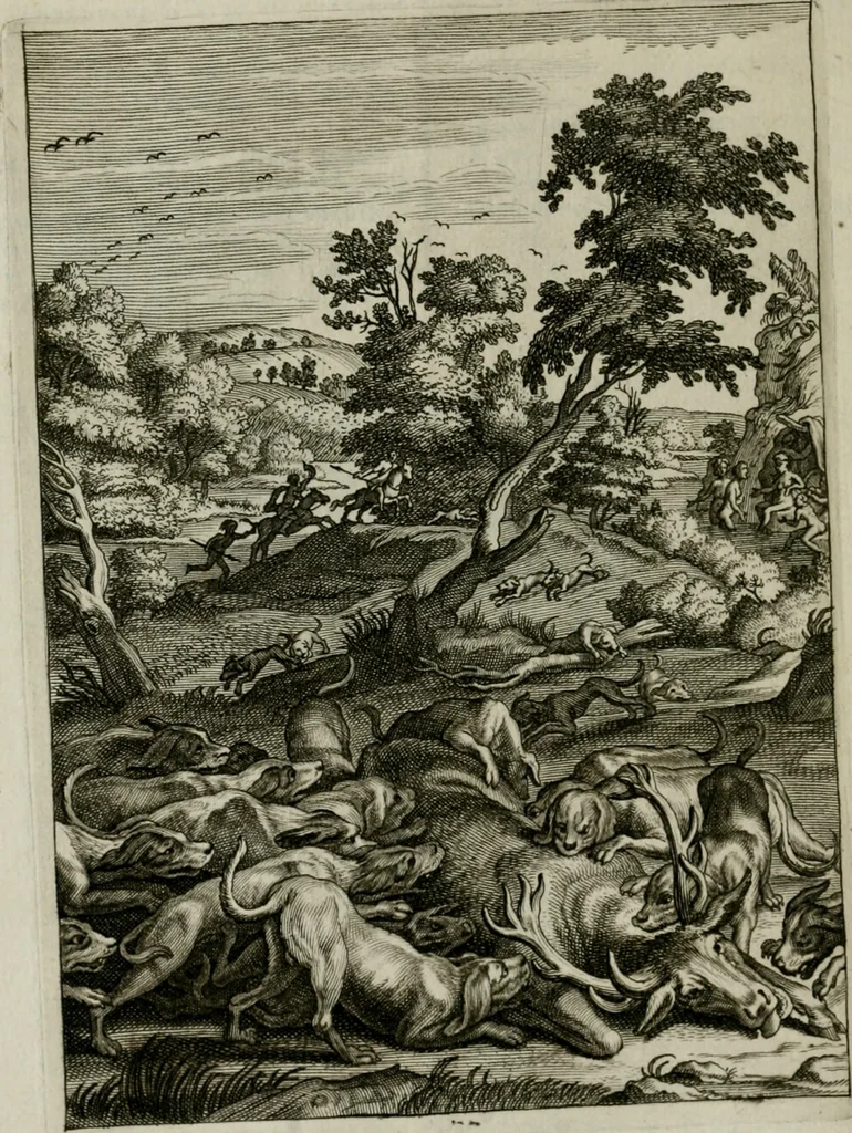 An illustration from Tableaux du temple des muses : tirez du cabinet de feu Mr. Favereau, conseiller du roy en sa Cour des Aydes, & gravez en tailles-douces par les meilleurs maistres de son temps, pour representer les vertus & les vices, sur les plus illustres fables de l'antiquité : avec les descriptions, remarques & annotations, 1676, leaf 207