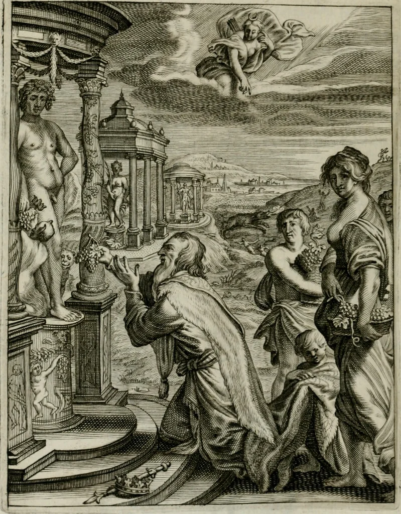An illustration from Tableaux du temple des muses : tirez du cabinet de feu Mr. Favereau, conseiller du roy en sa Cour des Aydes, & gravez en tailles-douces par les meilleurs maistres de son temps, pour representer les vertus & les vices, sur les plus illustres fables de l'antiquité : avec les descriptions, remarques & annotations, 1676, leaf 217