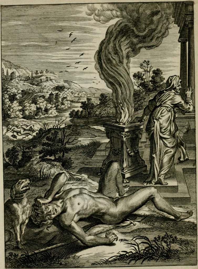 An illustration from Tableaux du temple des muses : tirez du cabinet de feu Mr. Favereau, conseiller du roy en sa Cour des Aydes, & gravez en tailles-douces par les meilleurs maistres de son temps, pour representer les vertus & les vices, sur les plus illustres fables de l'antiquité : avec les descriptions, remarques & annotations, 1676, leaf 227