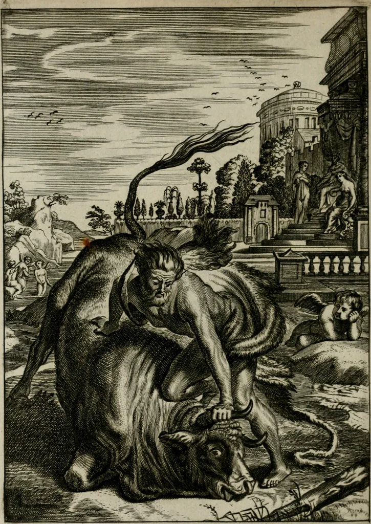 An illustration from Tableaux du temple des muses : tirez du cabinet de feu Mr. Favereau, conseiller du roy en sa Cour des Aydes, & gravez en tailles-douces par les meilleurs maistres de son temps, pour representer les vertus & les vices, sur les plus illustres fables de l'antiquité : avec les descriptions, remarques & annotations, 1676, leaf 237