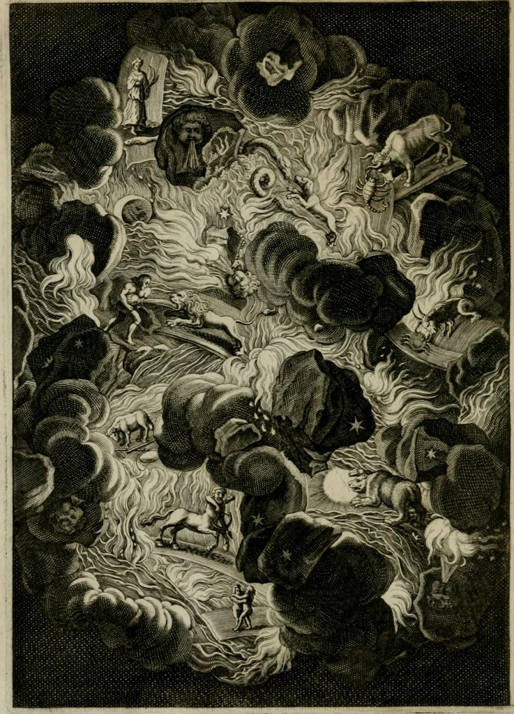 An illustration from Tableaux du temple des muses : tirez du cabinet de feu Mr. Favereau, conseiller du roy en sa Cour des Aydes, & gravez en tailles-douces par les meilleurs maistres de son temps, pour representer les vertus & les vices, sur les plus illustres fables de l'antiquité : avec les descriptions, remarques & annotations, 1676, leaf 27