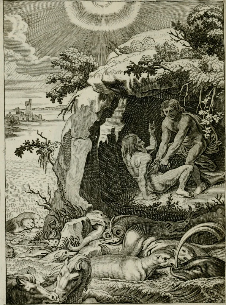 An illustration from Tableaux du temple des muses : tirez du cabinet de feu Mr. Favereau, conseiller du roy en sa Cour des Aydes, & gravez en tailles-douces par les meilleurs maistres de son temps, pour representer les vertus & les vices, sur les plus illustres fables de l'antiquité : avec les descriptions, remarques & annotations, 1676, leaf 287