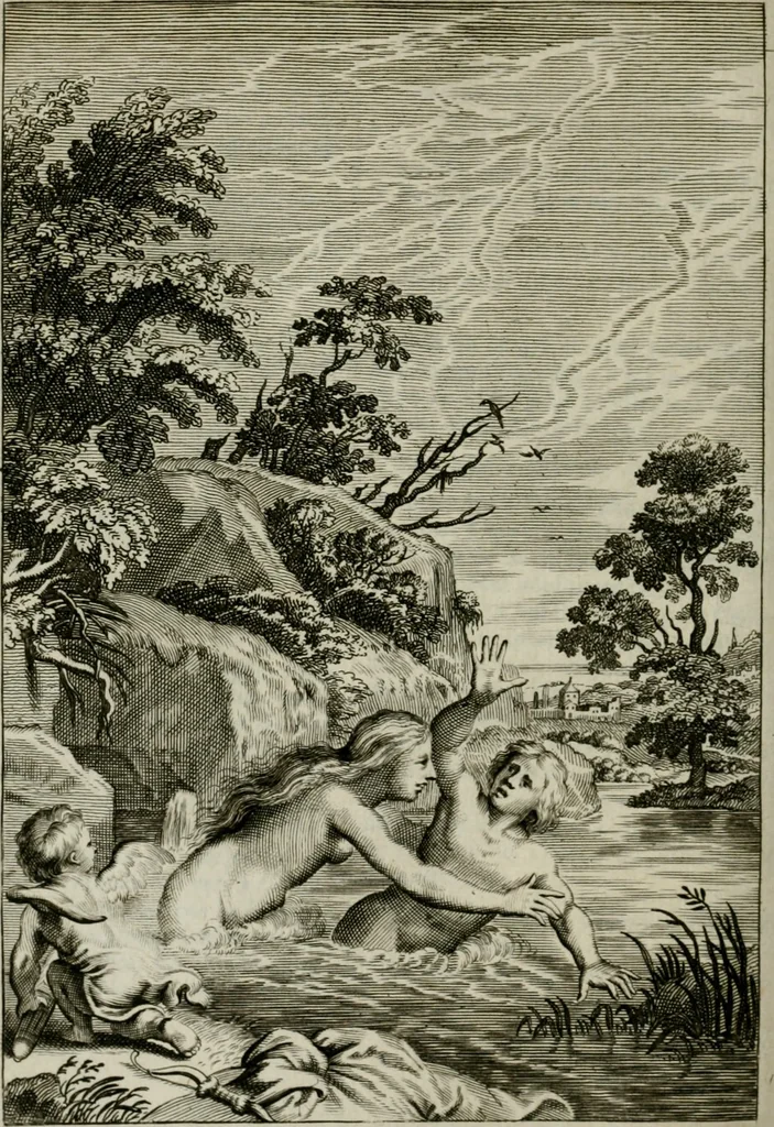 An illustration from Tableaux du temple des muses : tirez du cabinet de feu Mr. Favereau, conseiller du roy en sa Cour des Aydes, & gravez en tailles-douces par les meilleurs maistres de son temps, pour representer les vertus & les vices, sur les plus illustres fables de l'antiquité : avec les descriptions, remarques & annotations, 1676, leaf 327