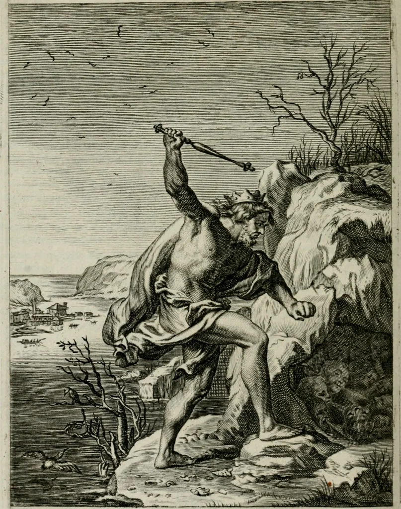 An illustration from Tableaux du temple des muses : tirez du cabinet de feu Mr. Favereau, conseiller du roy en sa Cour des Aydes, & gravez en tailles-douces par les meilleurs maistres de son temps, pour representer les vertus & les vices, sur les plus illustres fables de l'antiquité : avec les descriptions, remarques & annotations, 1676, leaf 347