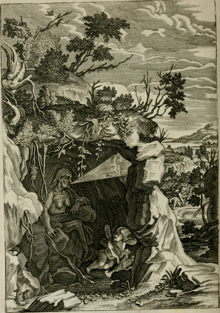 An illustration from Tableaux du temple des muses : tirez du cabinet de feu Mr. Favereau, conseiller du roy en sa Cour des Aydes, & gravez en tailles-douces par les meilleurs maistres de son temps, pour representer les vertus & les vices, sur les plus illustres fables de l'antiquité : avec les descriptions, remarques & annotations, 1676, leaf 387