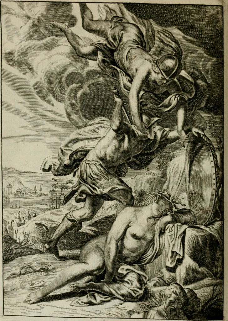 An illustration from Tableaux du temple des muses : tirez du cabinet de feu Mr. Favereau, conseiller du roy en sa Cour des Aydes, & gravez en tailles-douces par les meilleurs maistres de son temps, pour representer les vertus & les vices, sur les plus illustres fables de l'antiquité : avec les descriptions, remarques & annotations, 1676, leaf 407