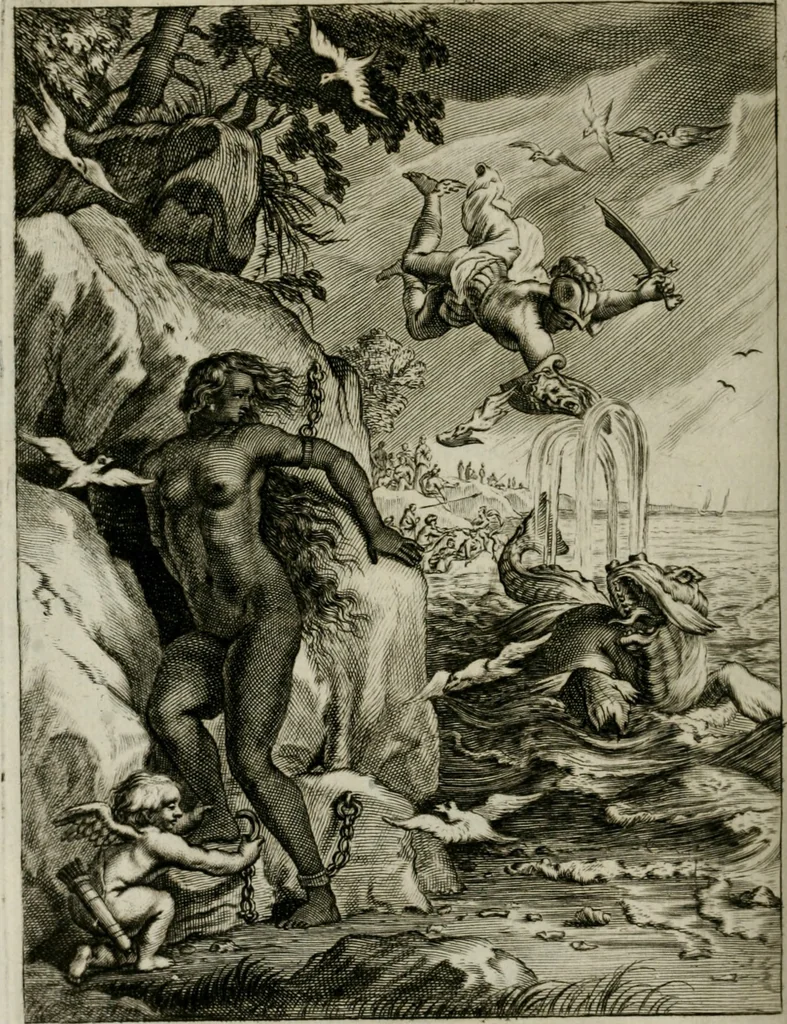 An illustration from Tableaux du temple des muses : tirez du cabinet de feu Mr. Favereau, conseiller du roy en sa Cour des Aydes, & gravez en tailles-douces par les meilleurs maistres de son temps, pour representer les vertus & les vices, sur les plus illustres fables de l'antiquité : avec les descriptions, remarques & annotations, 1676, leaf 417