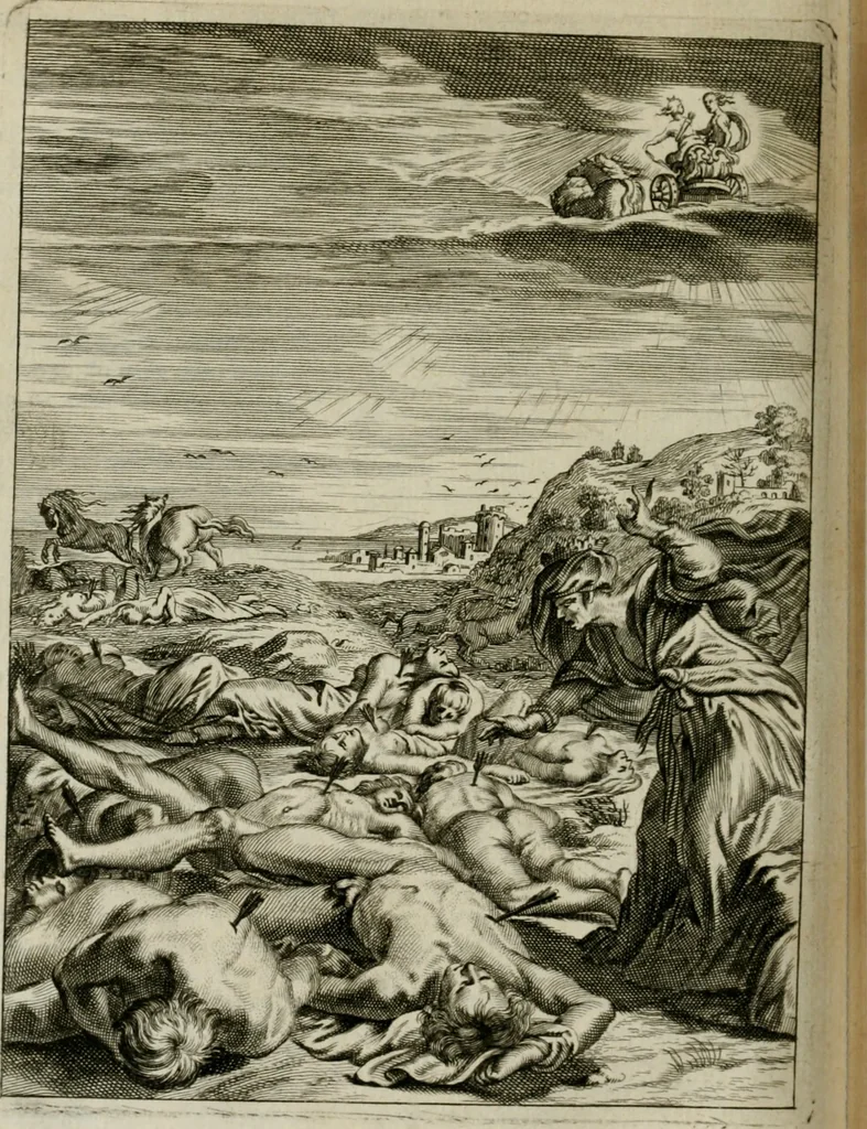An illustration from Tableaux du temple des muses : tirez du cabinet de feu Mr. Favereau, conseiller du roy en sa Cour des Aydes, & gravez en tailles-douces par les meilleurs maistres de son temps, pour representer les vertus & les vices, sur les plus illustres fables de l'antiquité : avec les descriptions, remarques & annotations, 1676, leaf 457