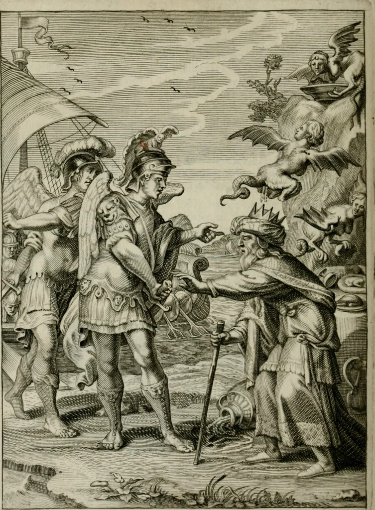 An illustration from Tableaux du temple des muses : tirez du cabinet de feu Mr. Favereau, conseiller du roy en sa Cour des Aydes, & gravez en tailles-douces par les meilleurs maistres de son temps, pour representer les vertus & les vices, sur les plus illustres fables de l'antiquité : avec les descriptions, remarques & annotations, 1676, leaf 467