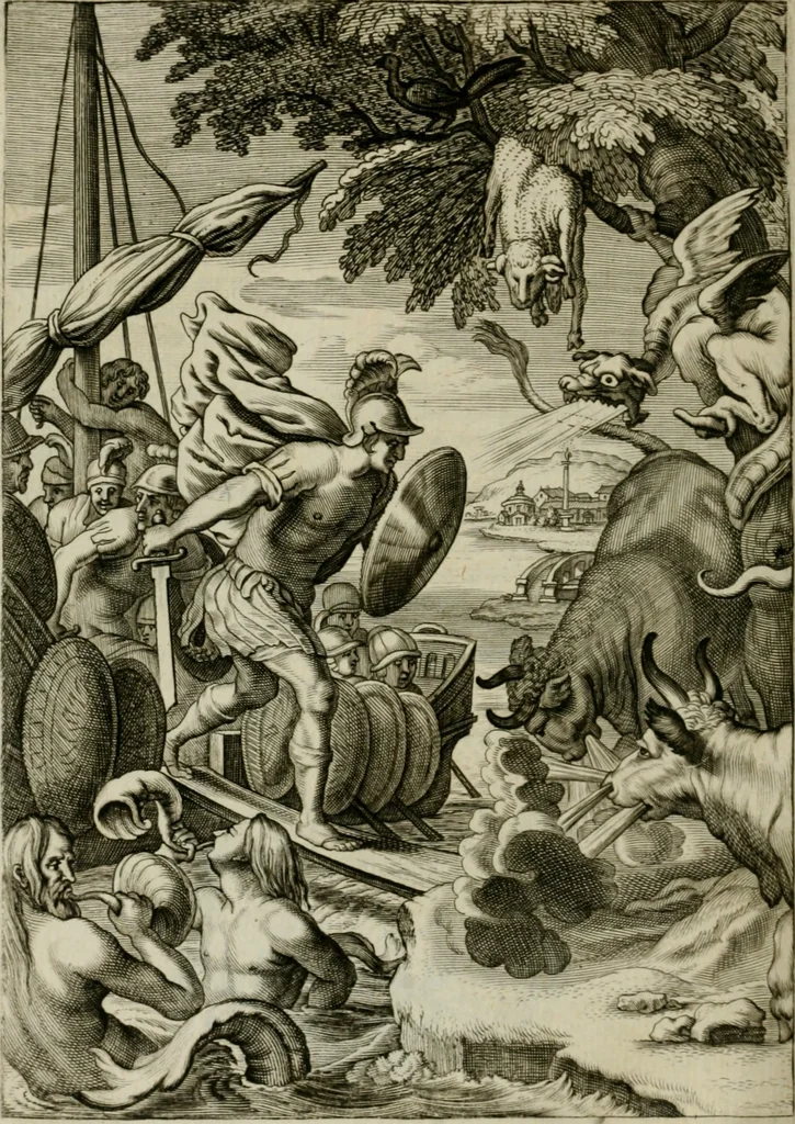 An illustration from Tableaux du temple des muses : tirez du cabinet de feu Mr. Favereau, conseiller du roy en sa Cour des Aydes, & gravez en tailles-douces par les meilleurs maistres de son temps, pour representer les vertus & les vices, sur les plus illustres fables de l'antiquité : avec les descriptions, remarques & annotations, 1676, leaf 477