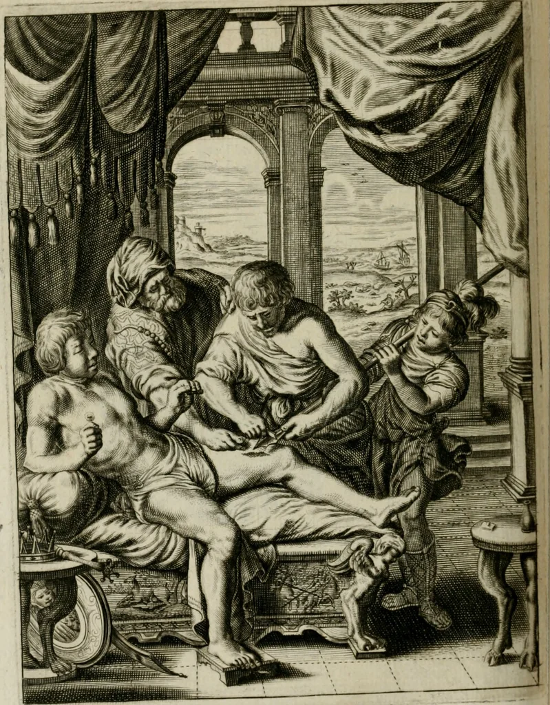 An illustration from Tableaux du temple des muses : tirez du cabinet de feu Mr. Favereau, conseiller du roy en sa Cour des Aydes, & gravez en tailles-douces par les meilleurs maistres de son temps, pour representer les vertus & les vices, sur les plus illustres fables de l'antiquité : avec les descriptions, remarques & annotations, 1676, leaf 487