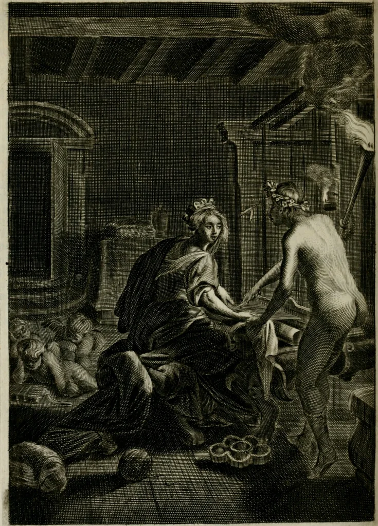 An illustration from Tableaux du temple des muses : tirez du cabinet de feu Mr. Favereau, conseiller du roy en sa Cour des Aydes, & gravez en tailles-douces par les meilleurs maistres de son temps, pour representer les vertus & les vices, sur les plus illustres fables de l'antiquité : avec les descriptions, remarques & annotations, 1676, leaf 497