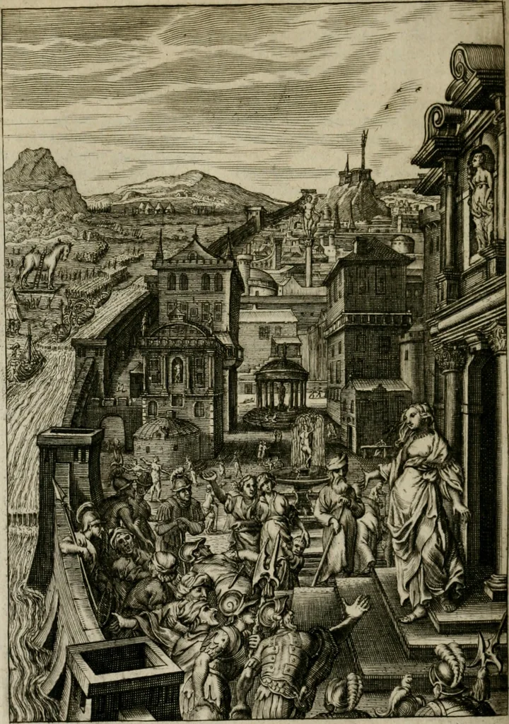 An illustration from Tableaux du temple des muses : tirez du cabinet de feu Mr. Favereau, conseiller du roy en sa Cour des Aydes, & gravez en tailles-douces par les meilleurs maistres de son temps, pour representer les vertus & les vices, sur les plus illustres fables de l'antiquité : avec les descriptions, remarques & annotations, 1676, leaf 507