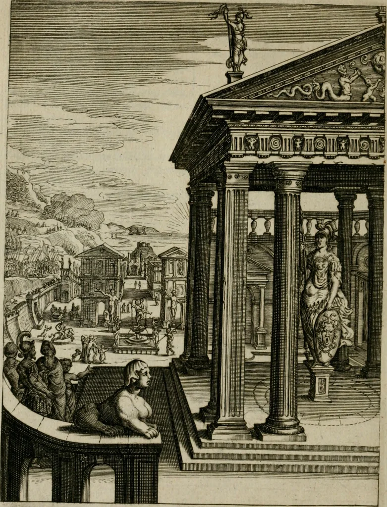 An illustration from Tableaux du temple des muses : tirez du cabinet de feu Mr. Favereau, conseiller du roy en sa Cour des Aydes, & gravez en tailles-douces par les meilleurs maistres de son temps, pour representer les vertus & les vices, sur les plus illustres fables de l'antiquité : avec les descriptions, remarques & annotations, 1676, leaf 517