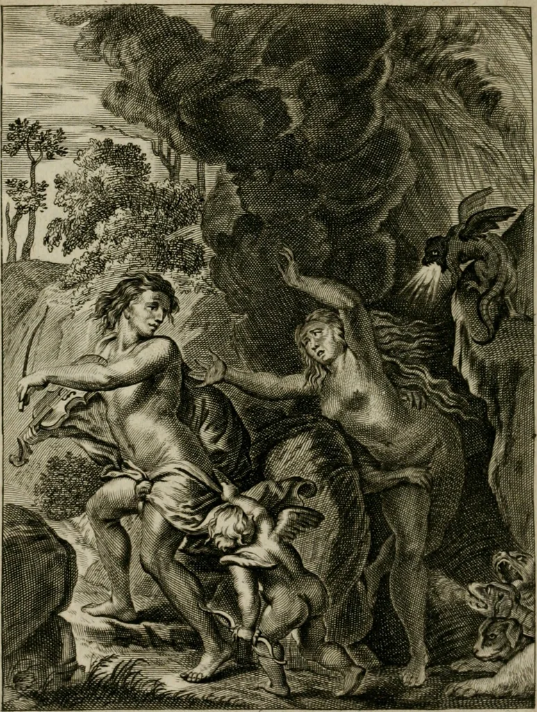 An illustration from Tableaux du temple des muses : tirez du cabinet de feu Mr. Favereau, conseiller du roy en sa Cour des Aydes, & gravez en tailles-douces par les meilleurs maistres de son temps, pour representer les vertus & les vices, sur les plus illustres fables de l'antiquité : avec les descriptions, remarques & annotations, 1676, leaf 537