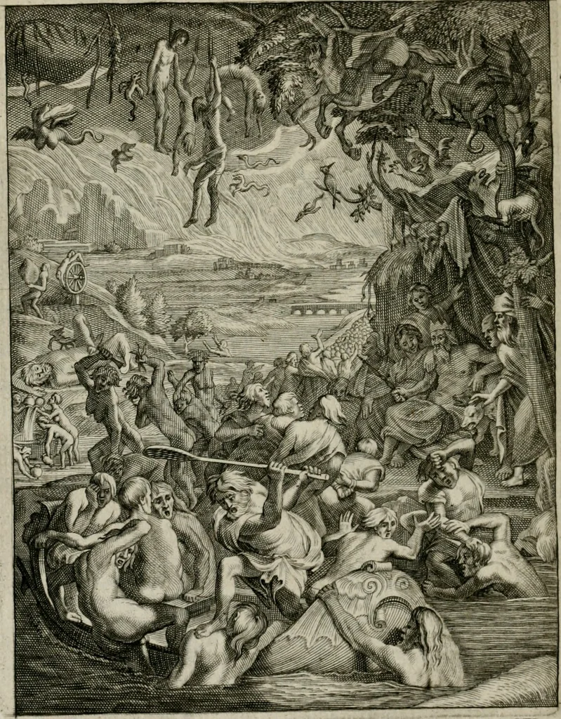 An illustration from Tableaux du temple des muses : tirez du cabinet de feu Mr. Favereau, conseiller du roy en sa Cour des Aydes, & gravez en tailles-douces par les meilleurs maistres de son temps, pour representer les vertus & les vices, sur les plus illustres fables de l'antiquité : avec les descriptions, remarques & annotations, 1676, leaf 547