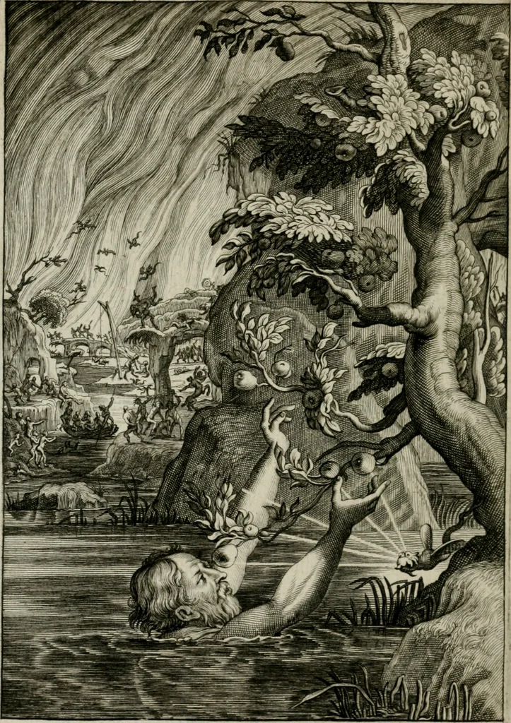 An illustration from Tableaux du temple des muses : tirez du cabinet de feu Mr. Favereau, conseiller du roy en sa Cour des Aydes, & gravez en tailles-douces par les meilleurs maistres de son temps, pour representer les vertus & les vices, sur les plus illustres fables de l'antiquité : avec les descriptions, remarques & annotations, 1676, leaf 557