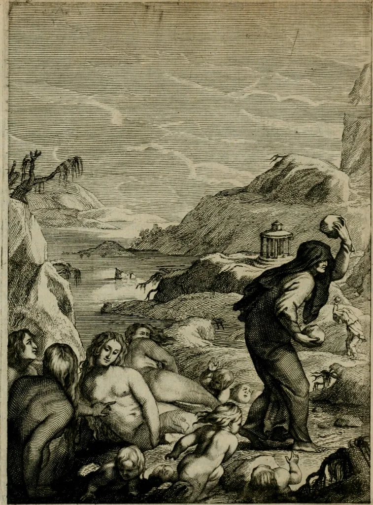 An illustration from Tableaux du temple des muses : tirez du cabinet de feu Mr. Favereau, conseiller du roy en sa Cour des Aydes, & gravez en tailles-douces par les meilleurs maistres de son temps, pour representer les vertus & les vices, sur les plus illustres fables de l'antiquité : avec les descriptions, remarques & annotations, 1676, leaf 57