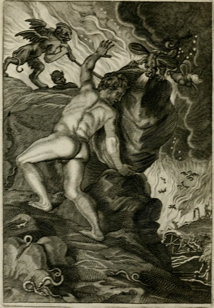 An illustration from Tableaux du temple des muses : tirez du cabinet de feu Mr. Favereau, conseiller du roy en sa Cour des Aydes, & gravez en tailles-douces par les meilleurs maistres de son temps, pour representer les vertus & les vices, sur les plus illustres fables de l'antiquité : avec les descriptions, remarques & annotations, 1676, leaf 577
