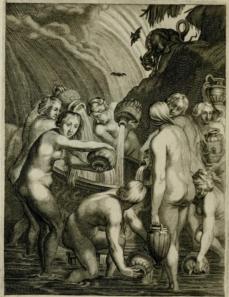 An illustration from Tableaux du temple des muses : tirez du cabinet de feu Mr. Favereau, conseiller du roy en sa Cour des Aydes, & gravez en tailles-douces par les meilleurs maistres de son temps, pour representer les vertus & les vices, sur les plus illustres fables de l'antiquité : avec les descriptions, remarques & annotations, 1676, leaf 587
