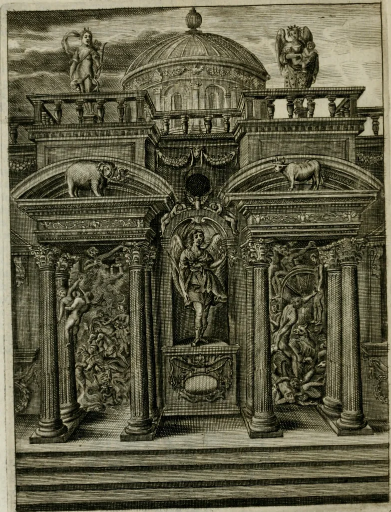 An illustration from Tableaux du temple des muses : tirez du cabinet de feu Mr. Favereau, conseiller du roy en sa Cour des Aydes, & gravez en tailles-douces par les meilleurs maistres de son temps, pour representer les vertus & les vices, sur les plus illustres fables de l'antiquité : avec les descriptions, remarques & annotations, 1676, leaf 597