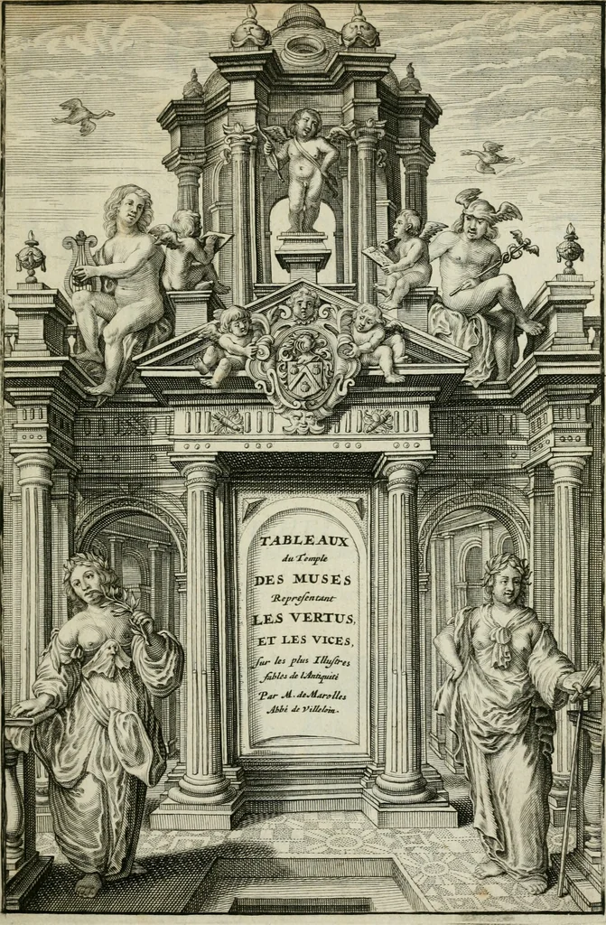 An illustration from Tableaux du temple des muses : tirez du cabinet de feu Mr. Favereau, conseiller du roy en sa Cour des Aydes, & gravez en tailles-douces par les meilleurs maistres de son temps, pour representer les vertus & les vices, sur les plus illustres fables de l'antiquité : avec les descriptions, remarques & annotations, 1676, leaf 6
