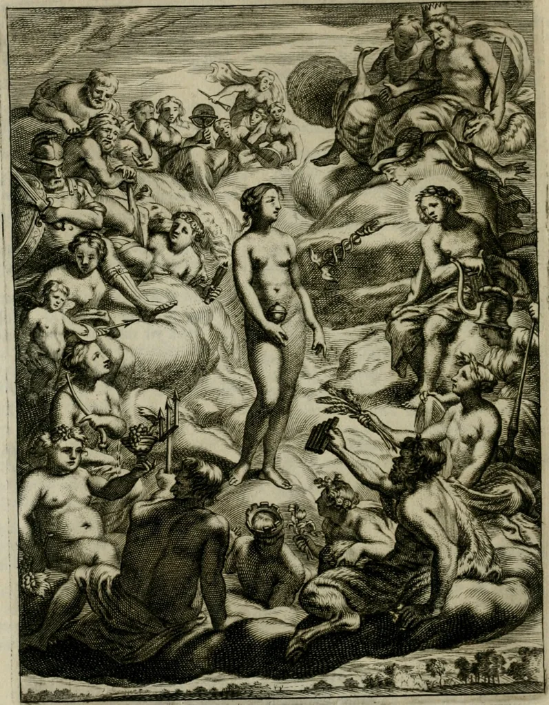 An illustration from Tableaux du temple des muses : tirez du cabinet de feu Mr. Favereau, conseiller du roy en sa Cour des Aydes, & gravez en tailles-douces par les meilleurs maistres de son temps, pour representer les vertus & les vices, sur les plus illustres fables de l'antiquité : avec les descriptions, remarques & annotations, 1676, leaf 67