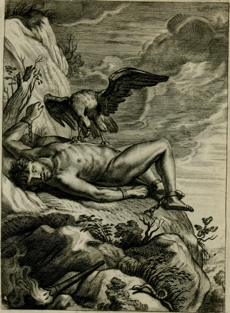 An illustration from Tableaux du temple des muses : tirez du cabinet de feu Mr. Favereau, conseiller du roy en sa Cour des Aydes, & gravez en tailles-douces par les meilleurs maistres de son temps, pour representer les vertus & les vices, sur les plus illustres fables de l'antiquité : avec les descriptions, remarques & annotations, 1676, leaf 77