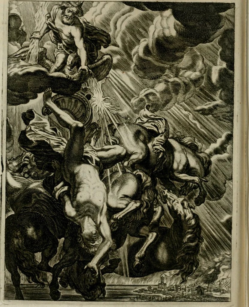 An illustration from Tableaux du temple des muses : tirez du cabinet de feu Mr. Favereau, conseiller du roy en sa Cour des Aydes, & gravez en tailles-douces par les meilleurs maistres de son temps, pour representer les vertus & les vices, sur les plus illustres fables de l'antiquité : avec les descriptions, remarques & annotations, 1676, leaf 97