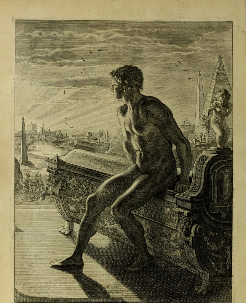 An illustration from Tableaux du temple des muses : tirez du cabinet de feu Mr. Favereau, conseiller du roy en sa cour des Aydes & grauez en tailles-douces par les meilleurs maistr s de son temps pour representer les vertus & les vices sur les plus illustres fables de l'antiquité, 1655, leaf 193
