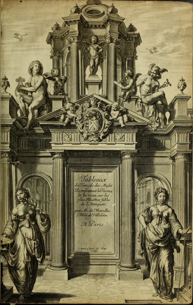 An illustration from Tableaux du temple des muses : tirez du cabinet de feu Mr. Favereau, conseiller du roy en sa cour des Aydes & grauez en tailles-douces par les meilleurs maistr s de son temps pour representer les vertus & les vices sur les plus illustres fables de l'antiquité, 1655, leaf 8