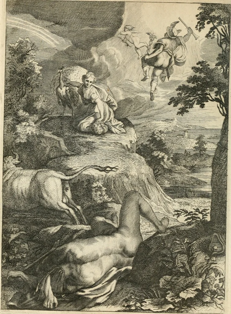 An illustration from Tableaux du temple des muses : tirez du cabinet de feu mr. Favereau...gravez en tailles-douces par les meilleurs maistres de son temps, pour representer les vertus & les vices, sur les plus illustres fables de l'antiquité, 1676, leaf 117