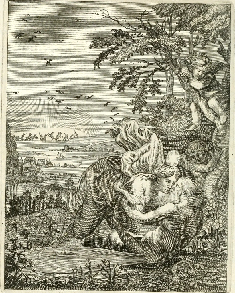 An illustration from Tableaux du temple des muses : tirez du cabinet de feu mr. Favereau...gravez en tailles-douces par les meilleurs maistres de son temps, pour representer les vertus & les vices, sur les plus illustres fables de l'antiquité, 1676, leaf 177