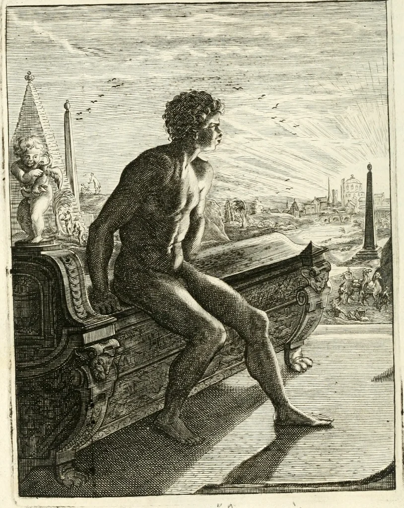An illustration from Tableaux du temple des muses : tirez du cabinet de feu mr. Favereau...gravez en tailles-douces par les meilleurs maistres de son temps, pour representer les vertus & les vices, sur les plus illustres fables de l'antiquité, 1676, leaf 187