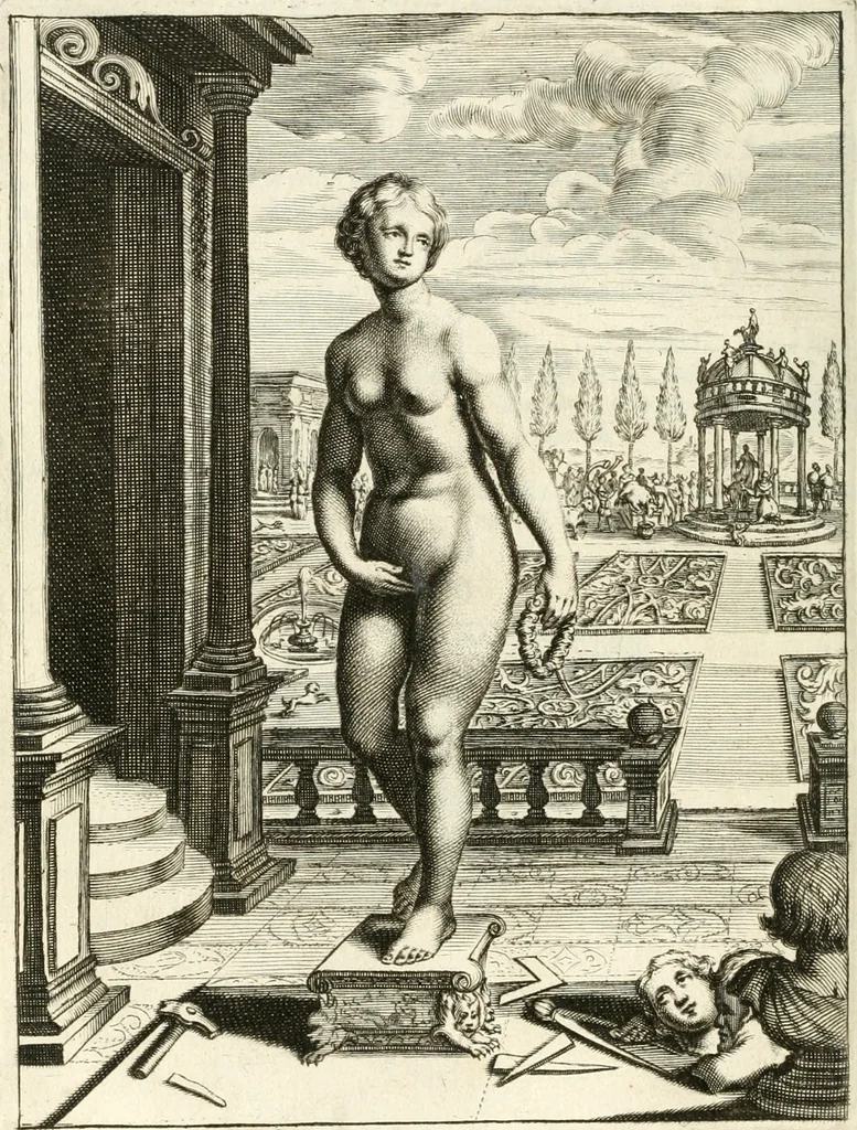 An illustration from Tableaux du temple des muses : tirez du cabinet de feu mr. Favereau...gravez en tailles-douces par les meilleurs maistres de son temps, pour representer les vertus & les vices, sur les plus illustres fables de l'antiquité, 1676, leaf 197